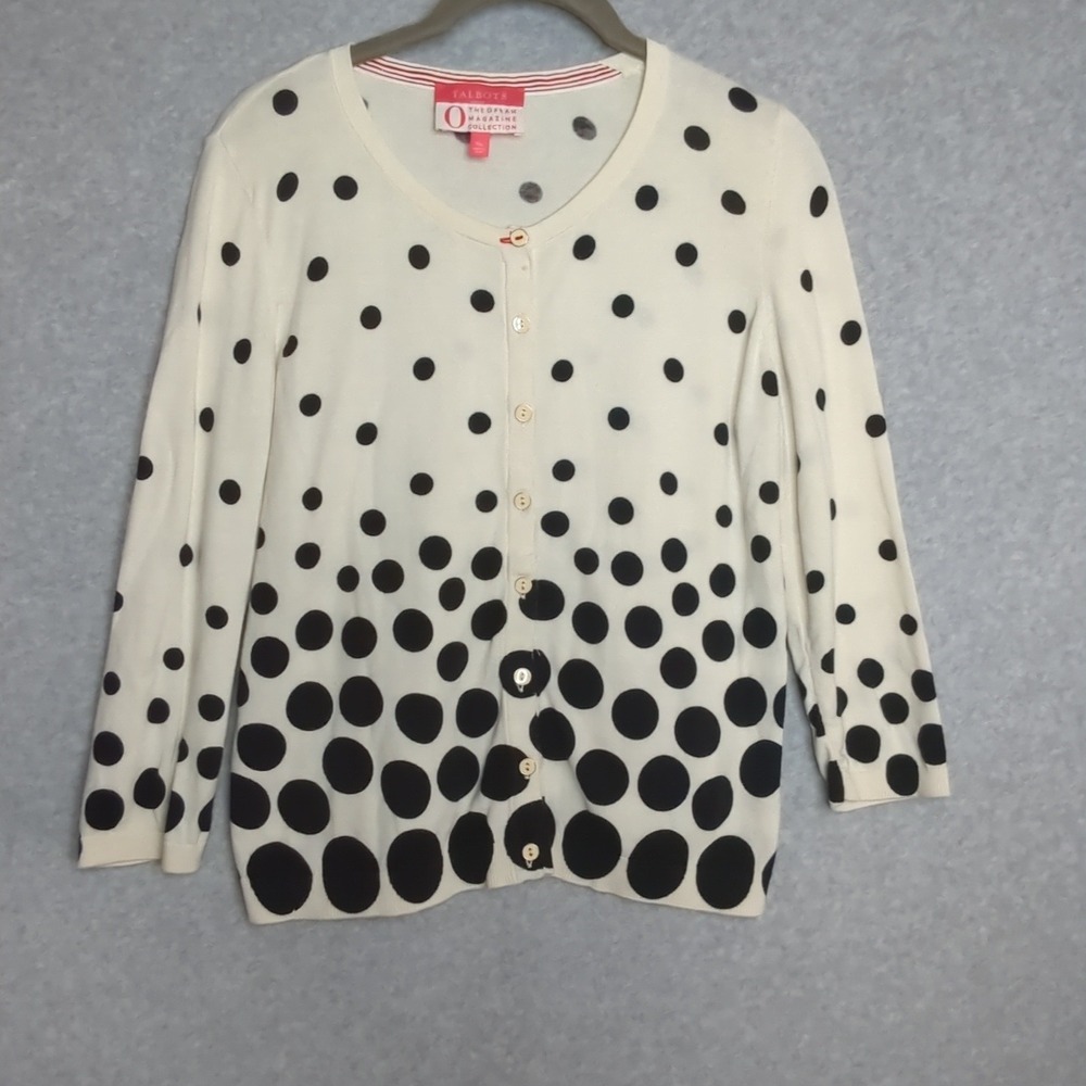 Talbots‎ Petite Oprah Mag Cream Black Polka Dot Cardigan Sweater MP